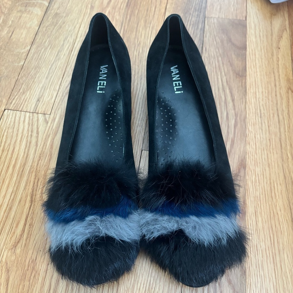 Vaneli Black Suede w/Tri-Colored Rabbit Fur Flats, Size 9 N